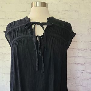 Hopely Black Gauzy Cap Sleeve Tie Front Top with Rounded Raw Hem Small